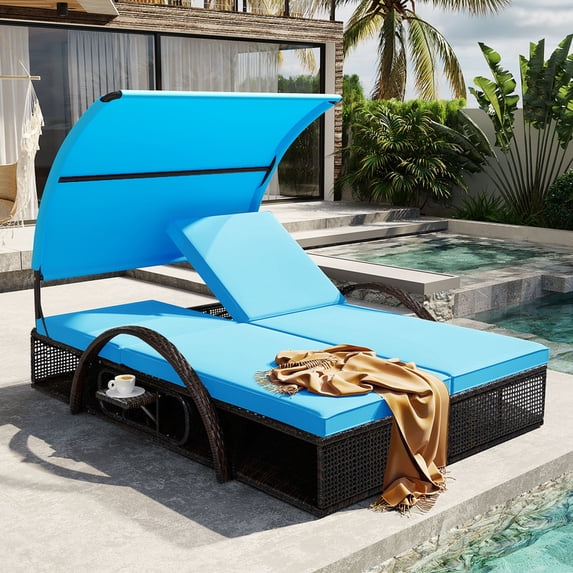 Bellemave Outdoor Daybed with Canopy, Steel Frame Sun Lounger with Adjustable Backrest, Patio Double Sunbed with Arched Armrests, Suitable for Patio Pool Deck, Garden, Backyard (Bule)