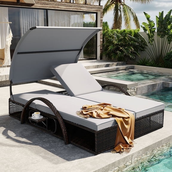 Bellemave Outdoor Daybed with Canopy, Steel Frame Sun Lounger with Adjustable Backrest, Patio Double Sunbed with Arched Armrests, Suitable for Patio Pool Deck, Garden, Backyard (Gray)