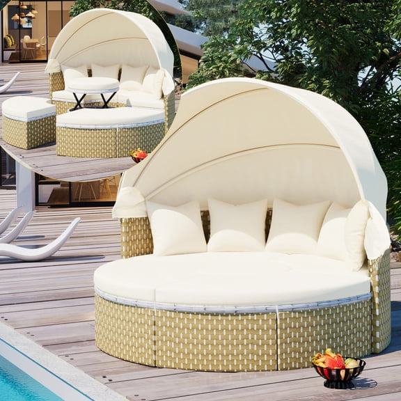 Bellemave Outdoor Patio Daybed with Retractable Canopy, Wicker Sofa Furniture Clamshell Sectional Seating with Lifting Ottoman Table and Cushions, Backyard, Porch, Pool Round Furniture Set, Beige