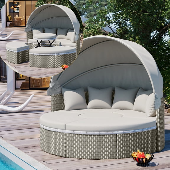 Bellemave Outdoor Patio Daybed with Retractable Canopy, Wicker Sofa Furniture Clamshell Sectional Seating with Lifting Ottoman Table and Cushions, Backyard, Porch, Pool Round Furniture Set, Gray