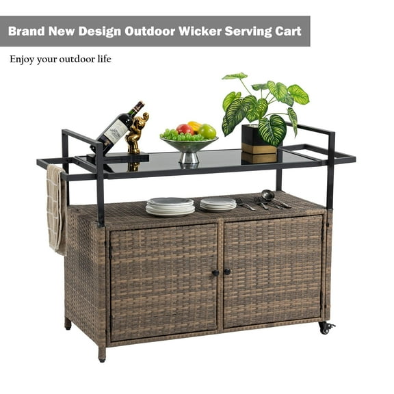 Bellemave Outdoor Serving Cart PE Rattan Wicker Mobile Bar Cart with 2 Lockable Wheels and Tempered Glass Tabletop Patio Table Rolling Beverage Storage Counter Table for Party, Yard, Brown