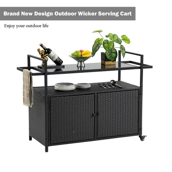 Bellemave Outdoor Serving Cart PE Rattan Wicker Mobile Bar Cart with 2 Lockable Wheels and Tempered Glass Tabletop Rolling Patio Table Beverage Storage Counter Table for Party, Yard, Black