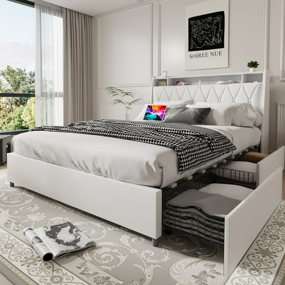 Bellemave PU Leather Upholstered Bed Frame Full Size with 4 Storage Drawers Noise-reduced Full Size Bed Frame with Bookcase Headboard and Charging Station (Full, White)