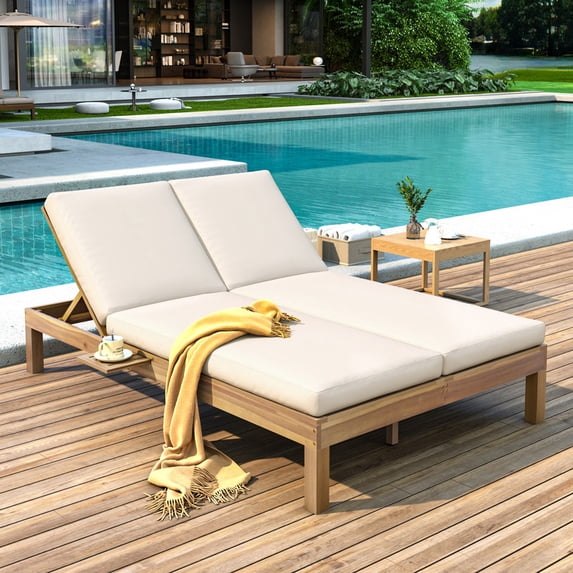 Bellemave Patio Double Chaise Lounge, Wood Double Chaise Lounge with 5-Position Adjustable Backrest, Outdoor Daybed with Removable Cushions for Patio,Poolside,Garden (Light Teak)
