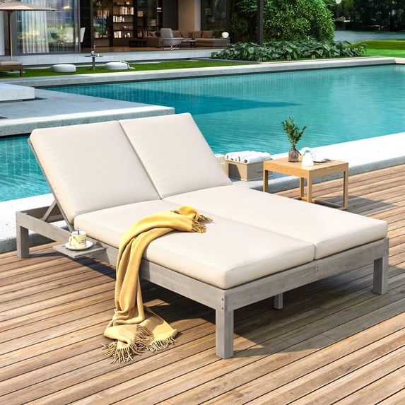 Bellemave Patio Double Chaise Lounge, Wood Double Chaise Lounge with 5-Position Adjustable Backrest, Outdoor Daybed with Removable Cushions for Patio,Poolside,Garden (Gray)