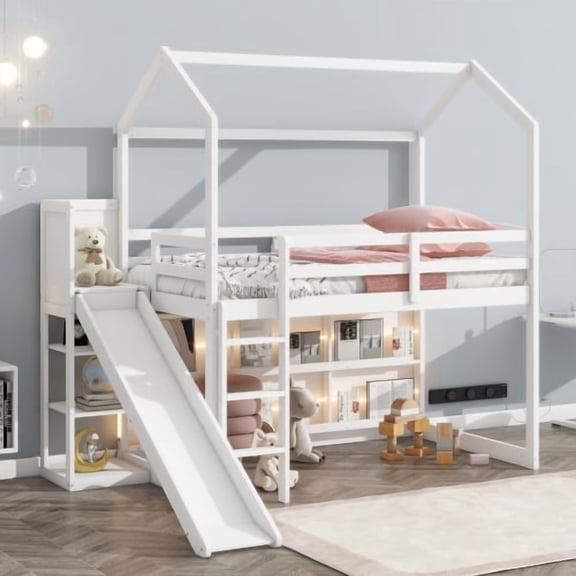 Bellemave Playful Twin Size House Loft Bed with Slide, Climbing Ramp, Wood Loft Bed Storage Shelves, Light Strip, Full-Length Guardrail for Teens, Easy Assembly, White
