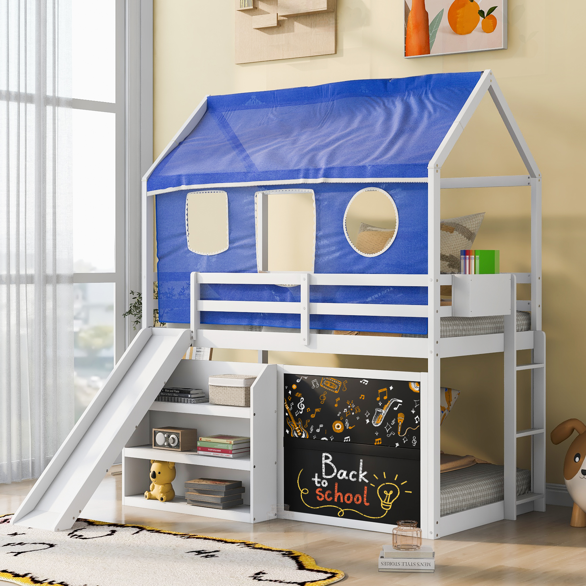 Bellemave Playhouse Design Twin Over Twin Bunk Bed with Blue Detachable