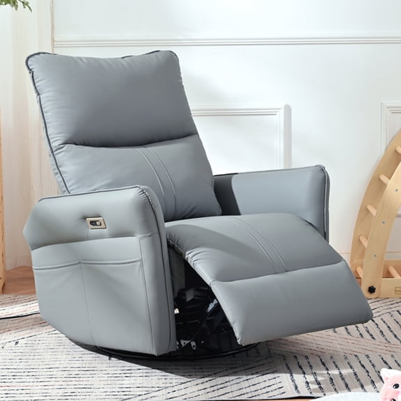 Bellemave Power Swivel Rocker Recliner, 270° Glider Recliner with USB Ports, Overstuffed Faux Leather Rocking Chair for Small Spaces Living Room (Blue Gray)