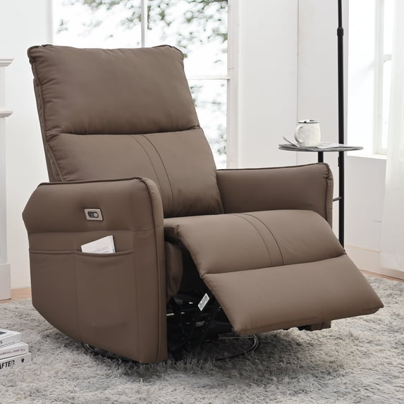 Bellemave Power Swivel Rocker Recliner, 270° Glider Recliner with USB Ports, Overstuffed Faux Leather Rocking Chair for Small Spaces Living Room (Brown)