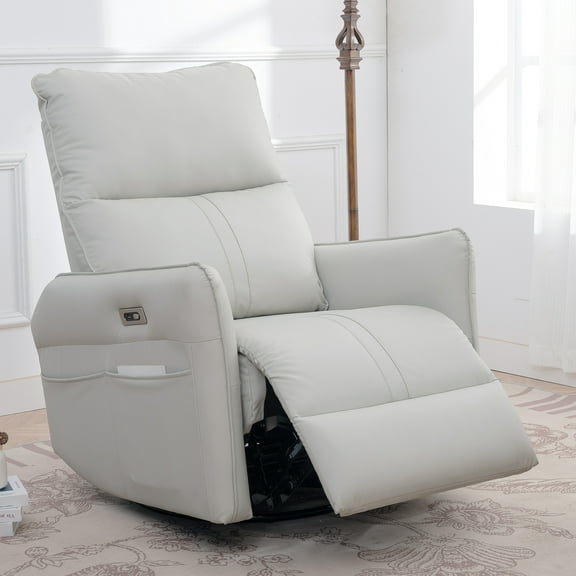 Bellemave Power Swivel Rocker Recliner, 270° Glider Recliner with USB Ports, Overstuffed Faux Leather Rocking Chair for Small Spaces Living Room (Light Gray)