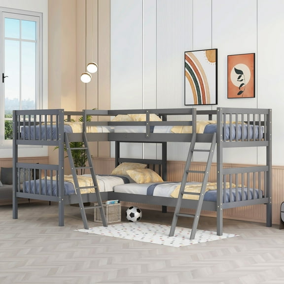 Bellemave Quad Bunk Bed Twin Over Twin, Wood L Shaped Bunk Bed for 4 with Angle Ladder, Corner 4 Bunk Bed for Teens Adults (Grey)