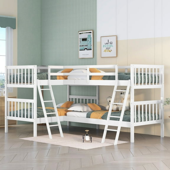 Bellemave Quad Bunk Bed Twin Over Twin, Wood L Shaped Bunk Bed for 4 with Angle Ladder, Corner 4 Bunk Bed for Teens Adults (White)