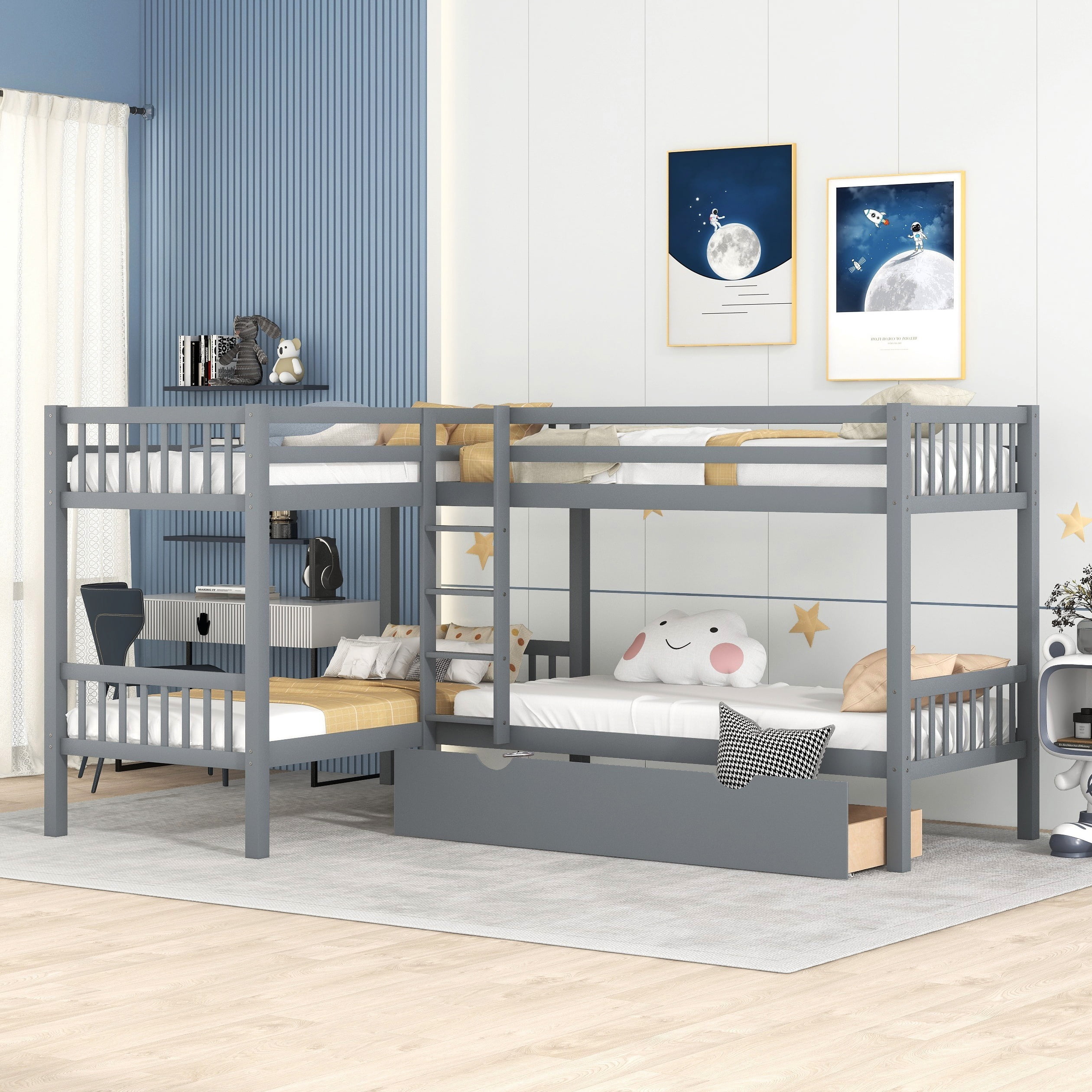 Bellemave Kids Quad Bunk Beds with Storage Drawers, Wooden Twin Over