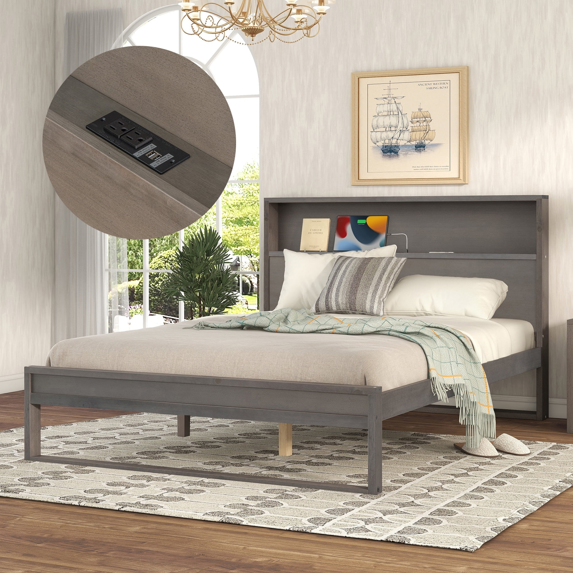 Bellemave Queen Bed with Storage Bookcase Headboard, Solid Wood Queen