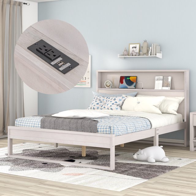 Bellemave Queen Bed with Storage Bookcase Headboard, Solid Wood Queen