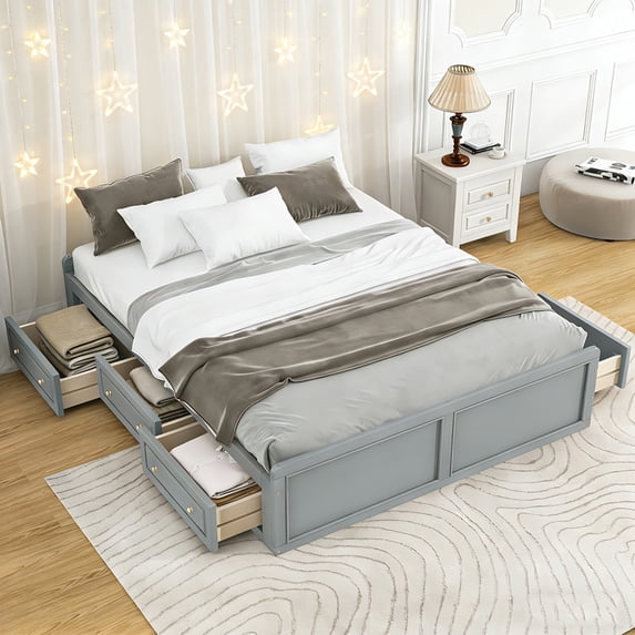 Bellemave Queen Bed with 6 Drawers, Wood Queen Size Platform Bed with Storage, Storage Bed Frame for Teens Adults (Gray）