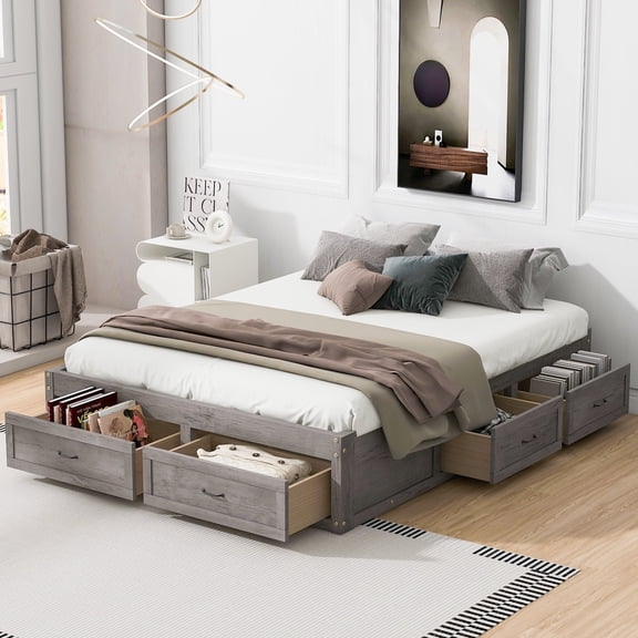 Bellemave Queen Beds with 6 Storage Drawers, Wood Queen Size Platform Bed Frame with Wood Slat Support, Rustic Style Storage Bed Frame Noise-Free, No Box Spring Needed(Antique Gray)