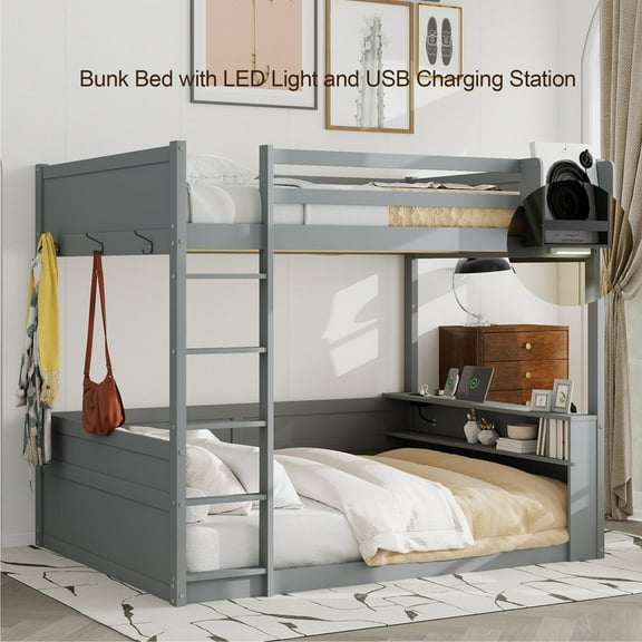 Bellemave Queen Bunk Bed with Storage and LED Light, Wooden Queen Over Queen Bunk Beds with USB Charging Station, Bunk Bed Frame with Built-in Shelves and Ladder, No Box Spring Needed（Gray）