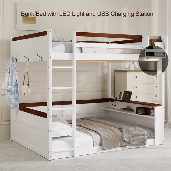 Bellemave Queen Bunk Bed with Storage and LED Light, Wooden Queen Over Queen Bunk Beds with USB Charging Station, Bunk Bed Frame with Built-in Shelves and Ladder, No Box Spring Needed(White)