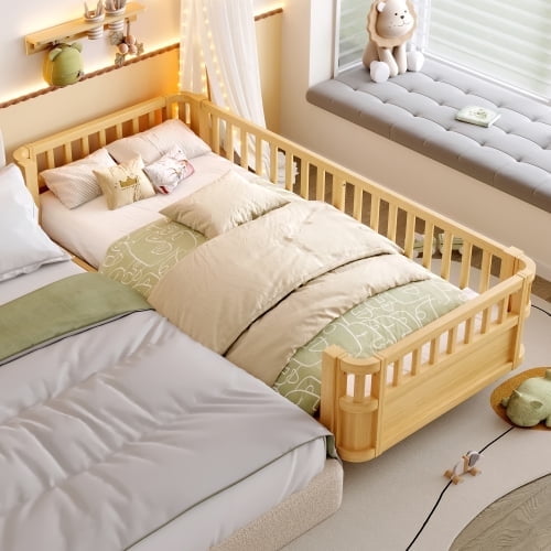 Bellemave Twin XL Size Bed Frame, Twin XL Montessori Bed with Safety Guardrails and Detachable Fence, Wood Twin XL Daybed Frame, Low Profile & Rounded Corners Design, Natural