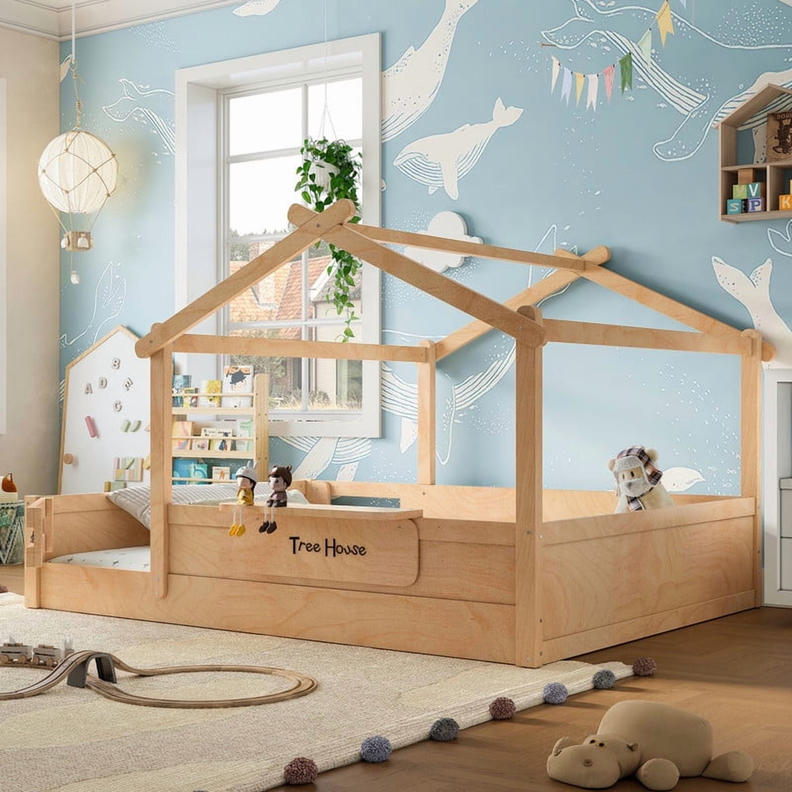 Bellemave Queen Floor Bed with Guardrails and Roof, Wood House Floor — free download