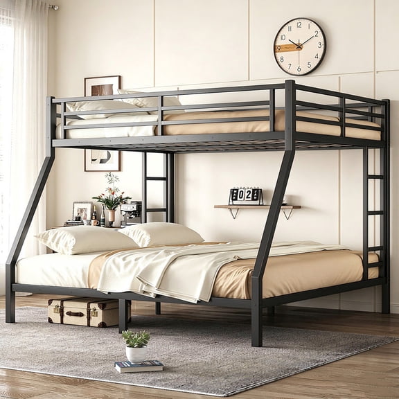 Bellemave Queen Over King Bunk Beds, Heavy Duty Metal Bunk Beds with 2 Ladders, Industrial Style Bunk Bed Under-Bed Storage Space, No Box Spring Needed (Black)