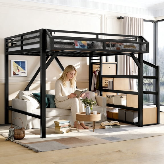 Bellemave Queen Size Metal Loft Bed Frame with Storage Stairs, Wardrobe & Side Shelf, USB Ports and LED Light, Space-Saving Design with Underbed Storage, Black Natural