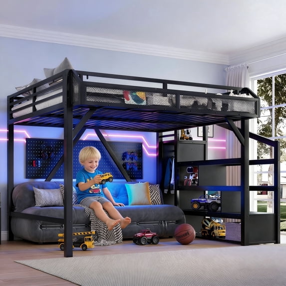 Bellemave Queen Size Metal Loft Bed Frame with Storage Stairs, Wardrobe & Side Shelf, USB Ports and LED Light, Space-Saving Design with Underbed Storage, Black