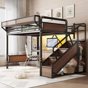 Bellemave Queen Size Loft Bed with Desk, Stairs and Wardrobe, Metal Gaming Loft Beds with Beside Shelf & Pegboard and LED Light, Heavy Duty High Loft Bed with U