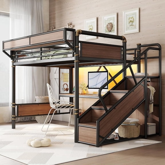 Bellemave Queen Size Loft Bed with Desk, Stairs and Wardrobe, Metal Gaming Loft Beds with Beside Shelf & Pegboard and LED Light, Heavy Duty High Loft Bed with USB Ports, No Box Spring Required, Black
