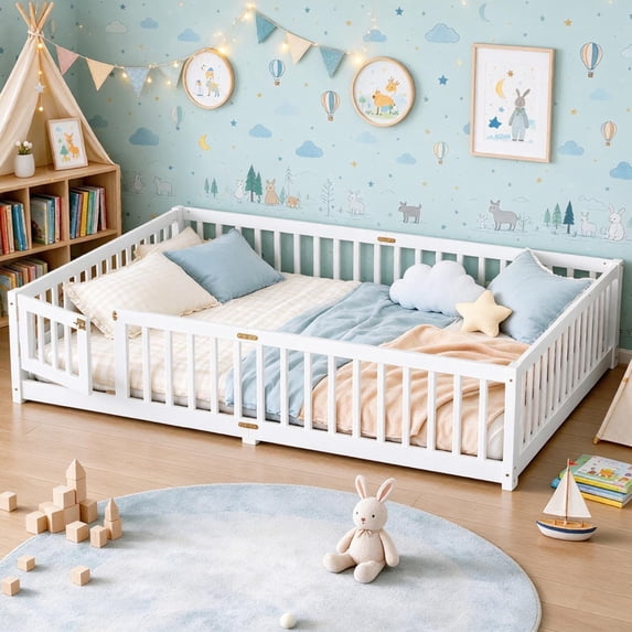 Bellemave Queen Montessori Floor Bed Frame with Fence and Door, Wood Queen Size Flooe Bed with Safety Guardrail, Removable Slats, Kids Montessori Beds for Boys Girls, White