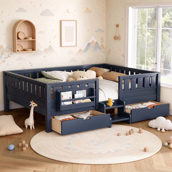 Bellemave Queen Montessori Floor Bed with Guardrails, Low Profile Bed with Bookcases and Stairs, Queen Size Floor Bed Frame with 2 Drawers and Slats Support for Boys Girls, Easy Assembly, Blue