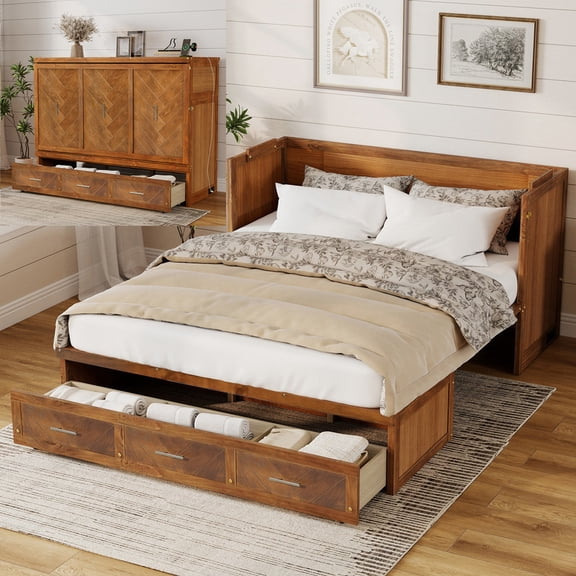Bellemave Queen Murphy Bed with Charging Station and Storage, Modern Foldable Platform Cabinet Beds with Drawers, Wood Hideaway Bed Frame for Guest & Living Room, Bedroom, Office (Walnut)