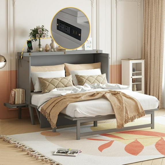 Bellemave Queen Murphy Bed with Storage & Charging Station, Wood Cabinet Bed with Removable Shelves on Each Side, Murphy Bed Chest Bed Frame for Guest Bedroom, Living Room(Gray)