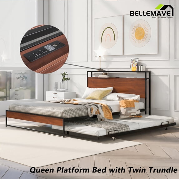 Bellemave Queen Platform Bed Frame with Twin Size Trundle, Usb Ports and Storage Shelf, Metal Queen Bed Frame with Headboard, Noise-Free, No Box Spring Needed(Black)