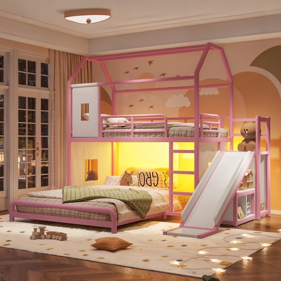 Bellemave Twin Over Full Bunk Bed with Slide and LED, Metal Floor House Bed with Wardrobe and Movable Storage Cabinet for Kids, No Box Spring Required, Pink