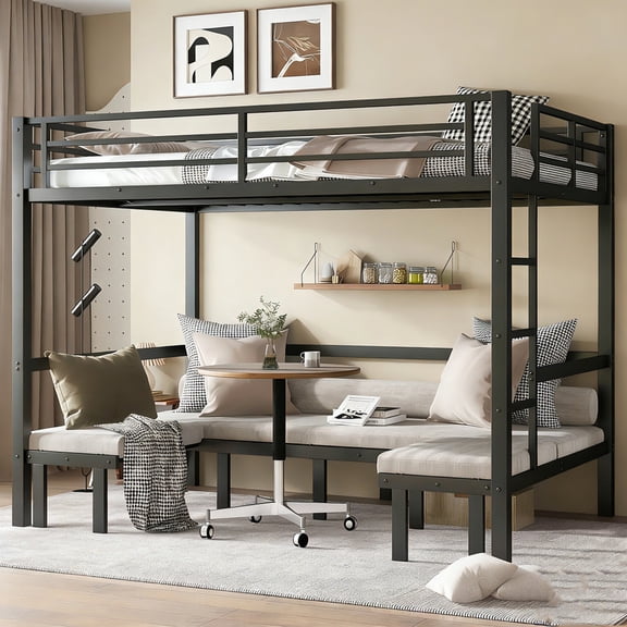 Bellemave Queen Over Queen Futon Bunk Bed, Lower Bunk Can be Pulled Out in Three Sections, Metal Bunk Bed Frame with Ladder, Queen Loft Bed with Sofa for Teens, Adults, Black