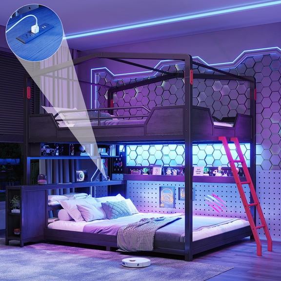 Bellemave Queen Over Queen Metal Bunk Bed with Desk, Metal Frame with LED Lights, USB Ports, House-Shaped Queen Bunk Beds with Storage, Guardrail and Ladder, Gaming Bed Frame for Kids Teens, Black