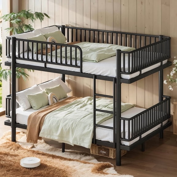 URTR Queen over Queen Metal Bunk Bed with Ladders & Guardrails, Convertible to 2 Full Platform Beds, Upgraded Round-Pipe Frame for Teens & Adults, No Box Spring Needed, Black