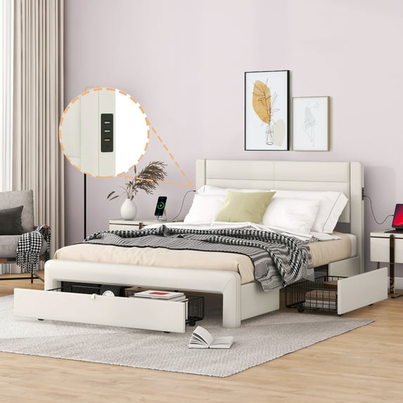 Bellemave Queen Size Bed Frame Platform with 3 Storage Drawers/USB Charging Station/Port for Type A&Type C, Leather Upholstered with Headboard/Solid Wood Slat Support/No Box Spring Needed（Beige)