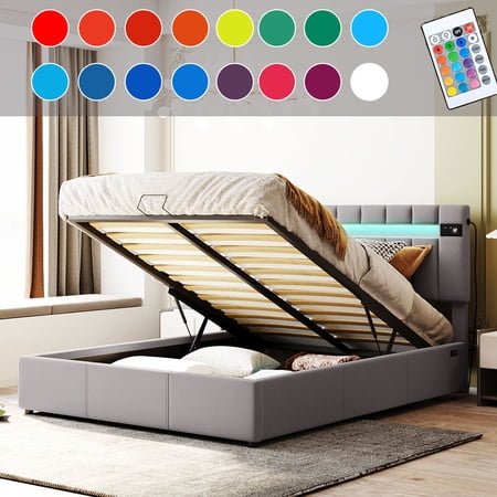 Bellemave Queen Size Bed Frame with Storage and LED Light, Lift Up Upholstered Platform Bed with Bluetooth Player and USB Charging, Velvet Fabric Hydraulic Storage Bed (Gray)