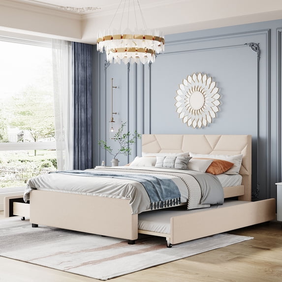 Bellemave Queen Size Bed with Trundle and 2 Storage Drawers, Upholstered Platform Beds with Brick Pattern Headboard, Linen Fabric, No Box Spring Needed(Beige)