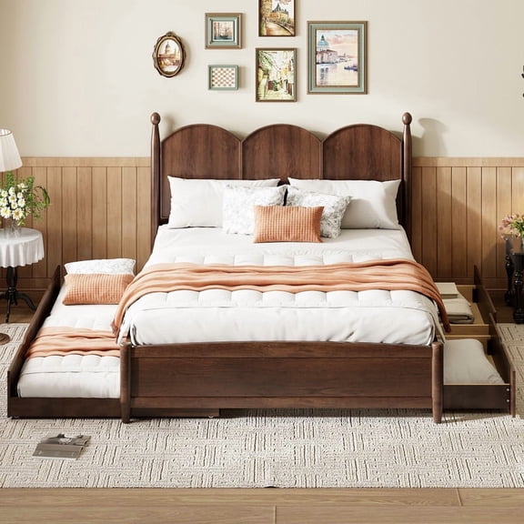 Bellemave Queen Size Bed with Drawers and 1 Twin XL Trundle, Wood Queen Platform Bed Frame with Storage, No Box Spring Needed（Walnut）