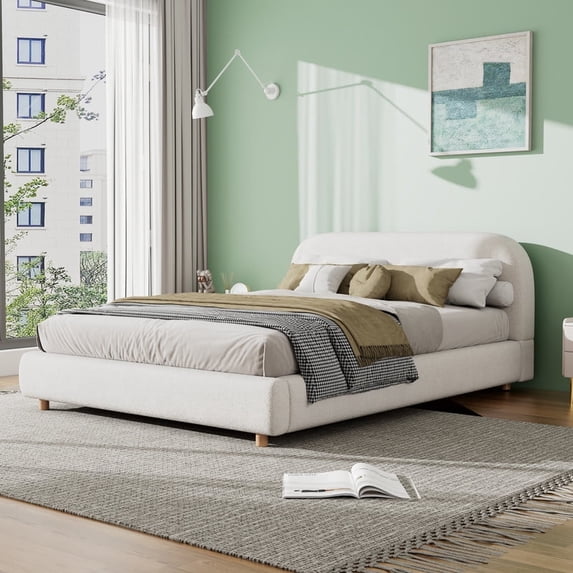 Bellemave Queen Size Fabric Upholstered Platform Bed with Curved Shaped Headboard, Velvet Upholstered Platform Queen Bed Frame with Solid Round Legs for Teens Adults, Green