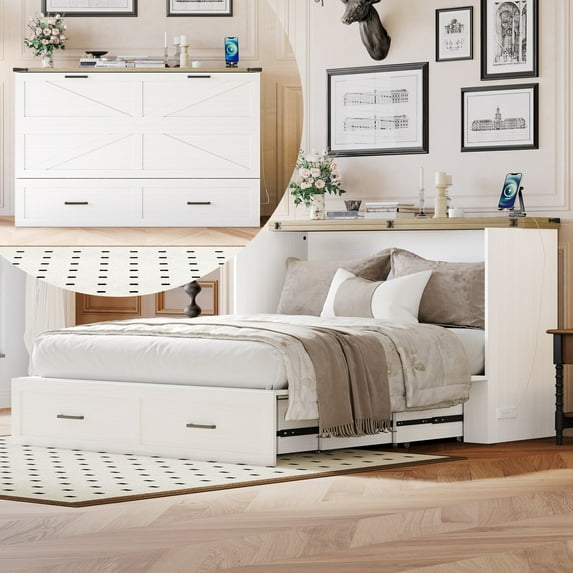 Bellemave Queen Size Farmhouse Murphy Bed Frame with Charging Station and Storage Drawer Foldable Cabinet Platform Bed for Guest Room or Home Office (Queen Size, Antique White)