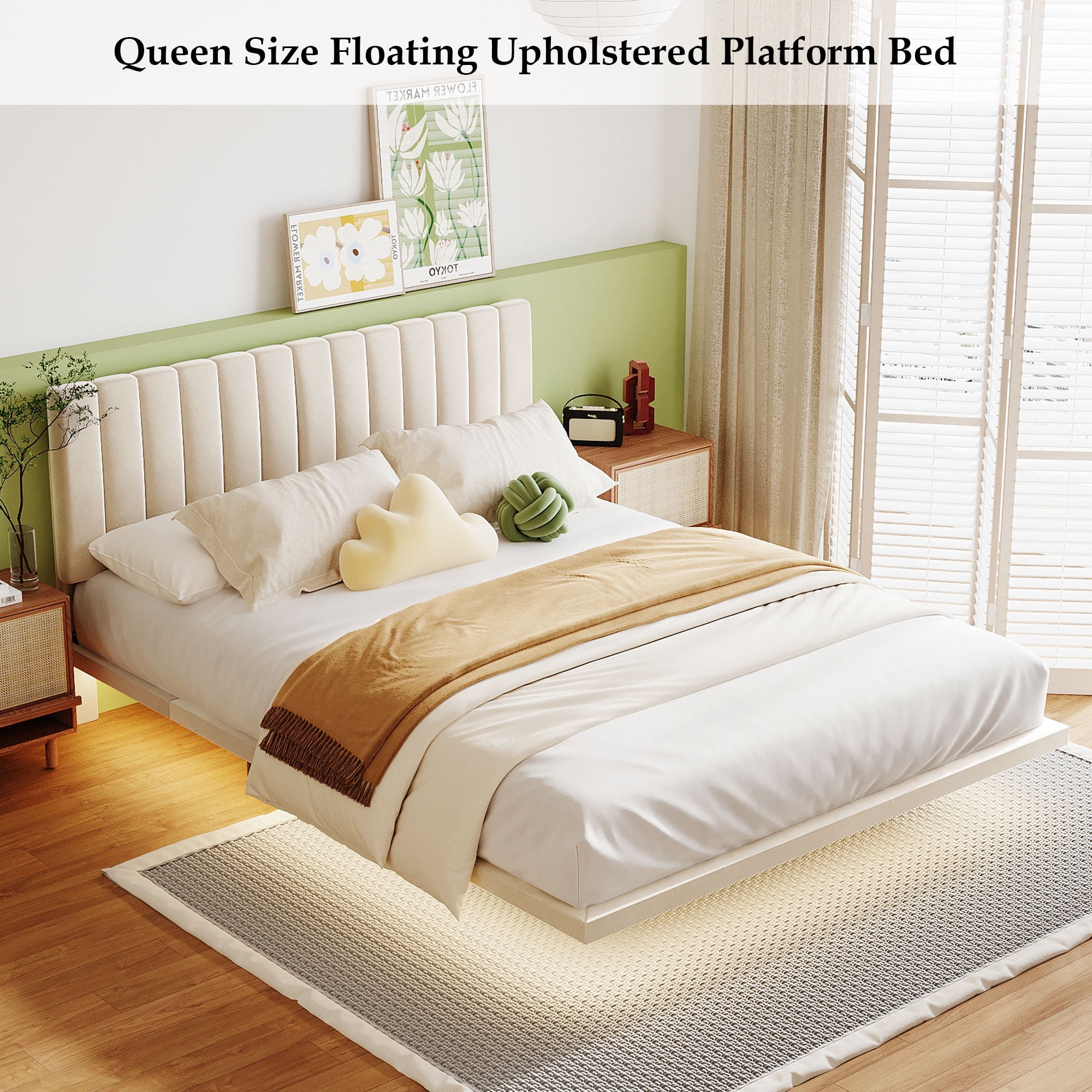 Bellemave Queen Size Floating Platform Bed with Sensor Light and Adjustable Headboard Velvet