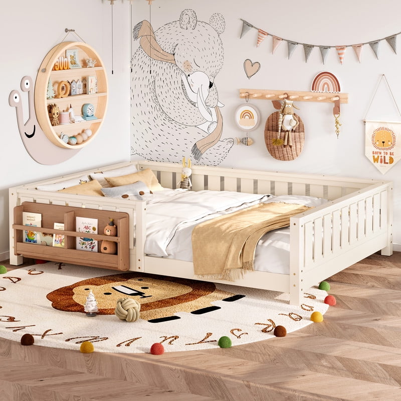 Bellemave Queen Size Floor Bed with Bookshelf, Wood Montessori Beds with Slats and Safety Guardrail, Low Profile Queen Bed Frame with Fence, No Box Spring Needed（Beige)