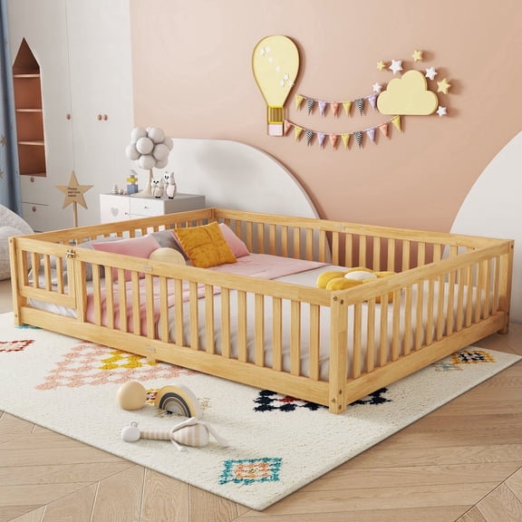 Bellemave Queen Size Floor Bed with Door and Fence Queen Floor Bed with Bed Slats Sturdy Wood Floor Bed Montessori Bed Frame (Queen, Natural Brown)