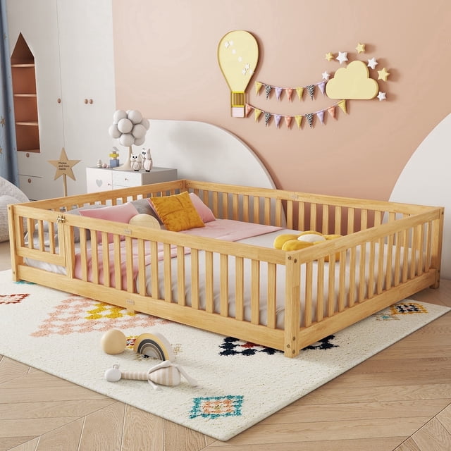 Bellemave Queen Size Floor Bed with Door and Fence Floor Bed with Bed Slats Sturdy Wood Floor Bed Montessori Bed Frame (Queen, Natural Brown)