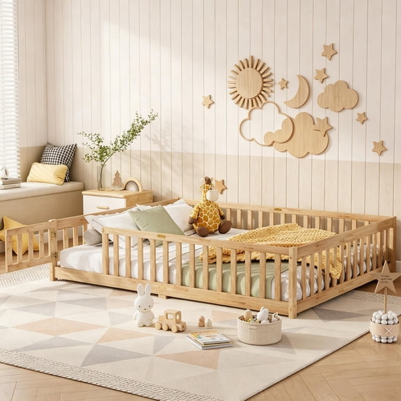 Bellemave Queen Floor Bed with Fence and Door, Montessori Floor Bed with Wood Slats, Wood Toddler Bed for Bedroom, Natural